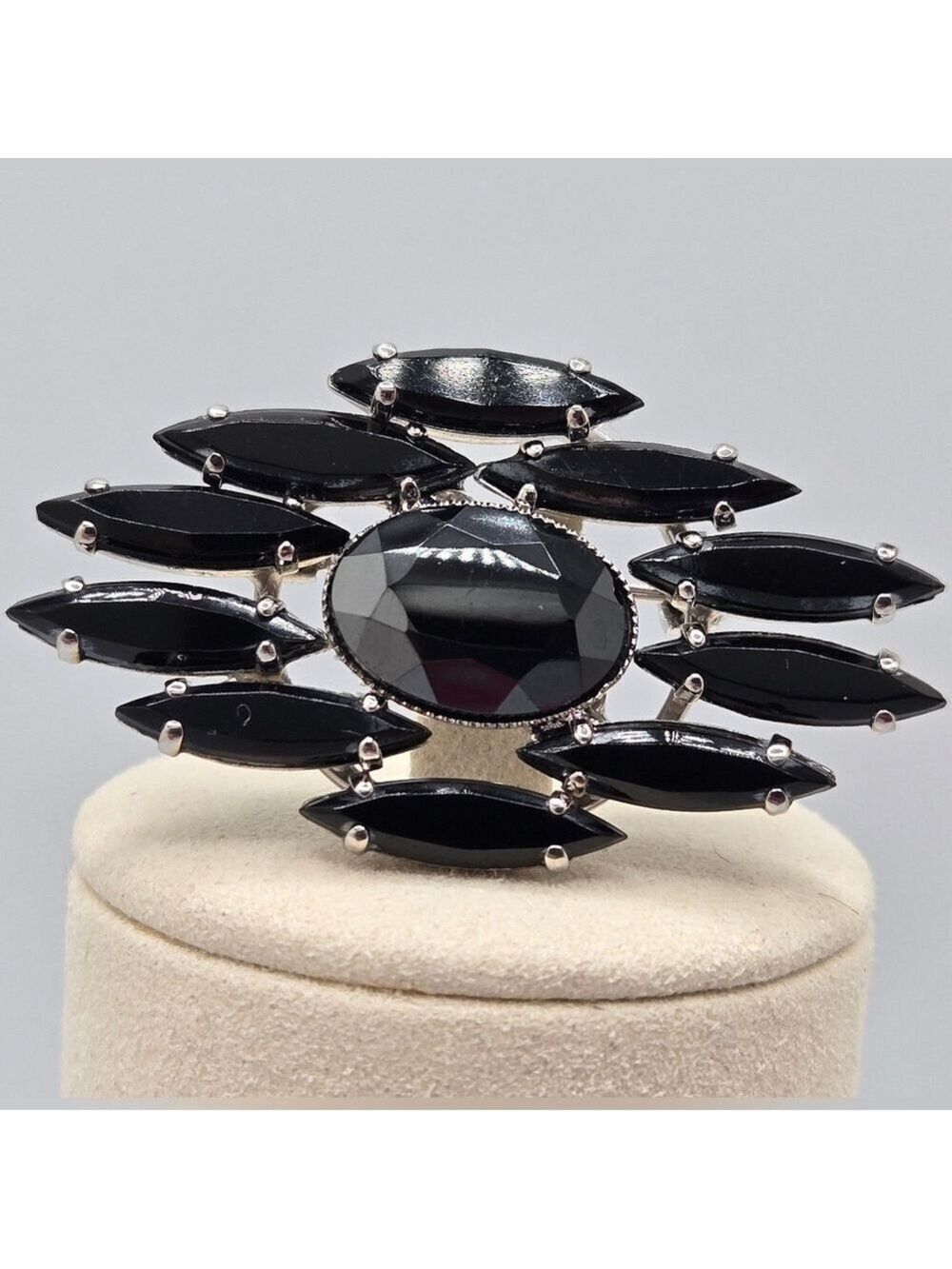 Oval Black Glass Topaz Rhinestone Silver Tone Mourning Vintage Brooch Pin